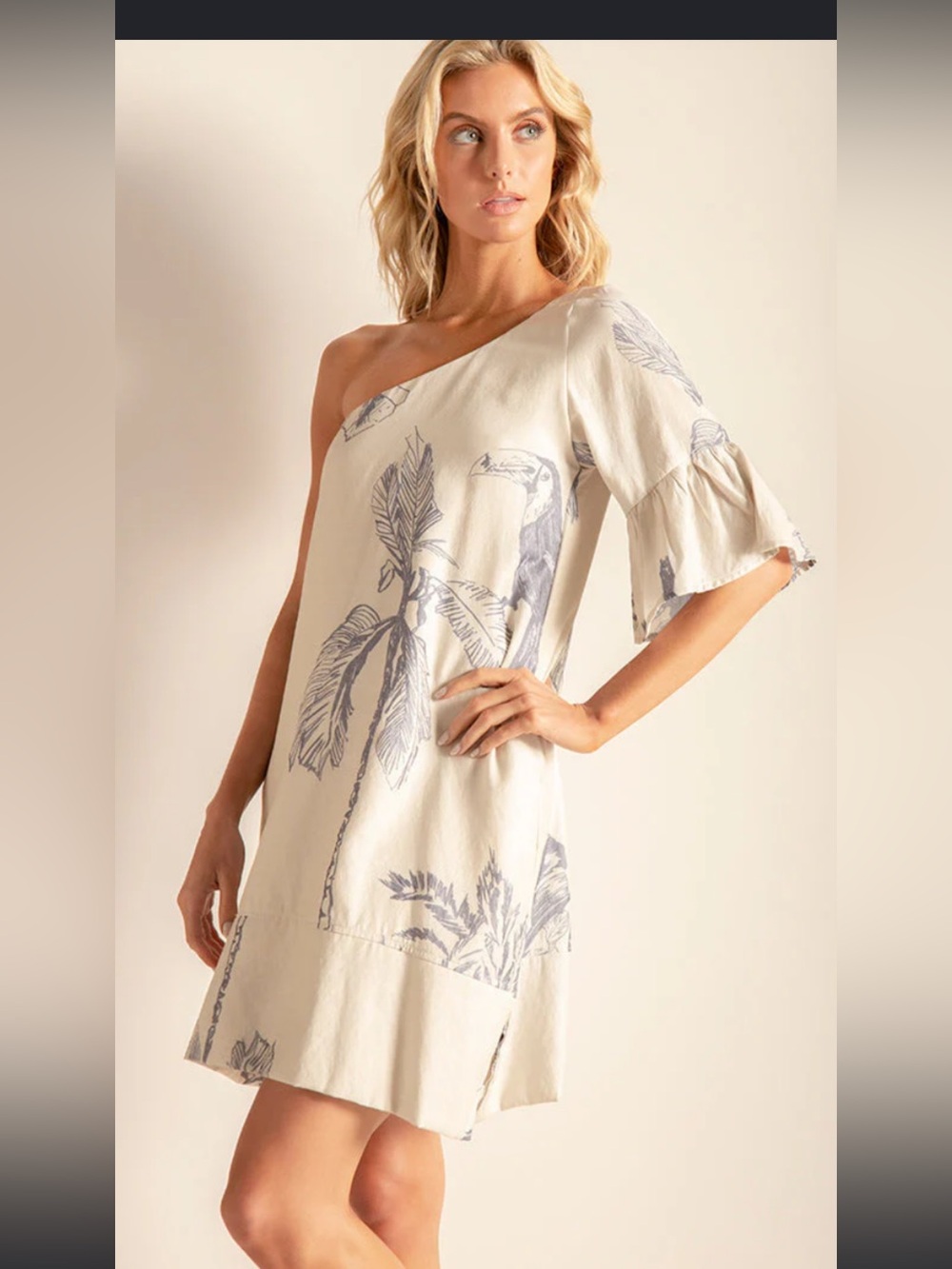 Touché Collection one-shoulder short dress in ivory and blue small